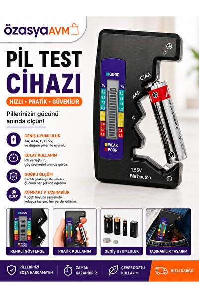 Özasya AVM Evrensel Dijital Pil Test Cihazı – AA, AAA, C, D, N, 9V ve Düğme P...