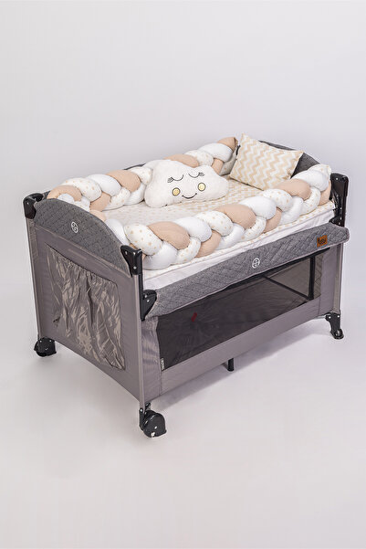 Jasmin Bebe Home Örgülü Park Beşik ve Ahşap Beşik Uyku Seti 5 Parça (70x110, ...