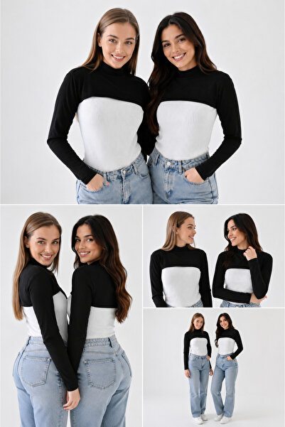 mirach 2’li Set Siyah Dik Yaka Boyunluklu Kolluk Penye Pamuk Bolero Crop Yarım Balıkçı Boyun Uzun Kol
