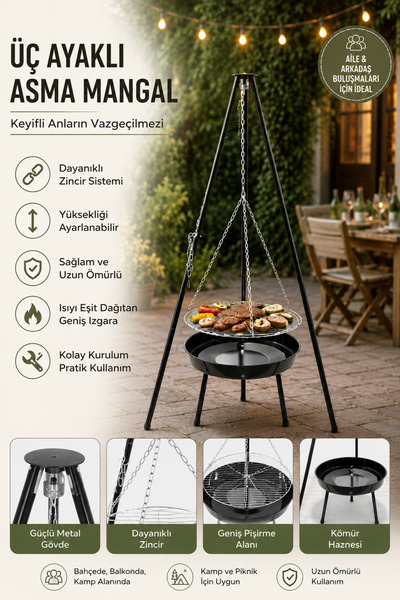 SOMINECO Paslanmaz Çelik Tripod Askılı Katlanır Kömür Barbekü Ateş Çukuru