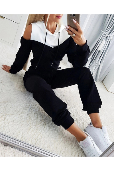 Generic Brand Women's Long Sleeve Off-The-Shoulder Hooded Lace-Up Double Colo...