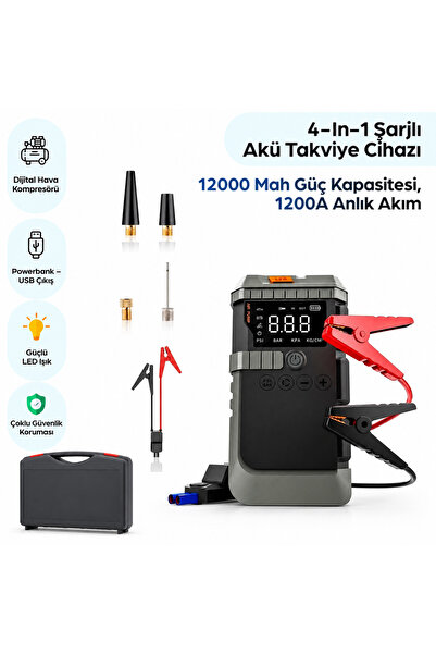 ROBEVE 4-in-1 Şarjlı Akü Takviye Cihazı Uyumlu – 12000 mAh , 1200A , Lastik P...