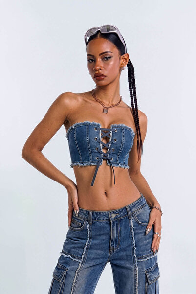 Bluewhite Vestă de jeans pentru femei albastru alb
