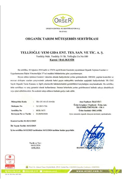 tellioğlu Organik Tam Buğday Unu 25 Kg