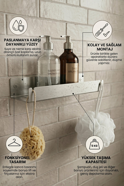 Grandmix Metal Duşakabin İçi Raf Organizer Şampuanlık ve Askılık Gümüş 35 cm