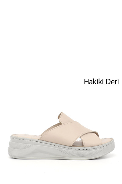 GÖNDERİ(R) Women's Beige Cross-Strapped Wedge Heel Genuine Leather Comfort Sl...