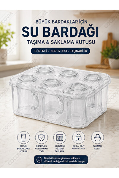 CocoVia Pratik Büyük Boy 6 Bölmeli Su Bardağı Taşıma/ Büyü Bardak Saklama Kut...