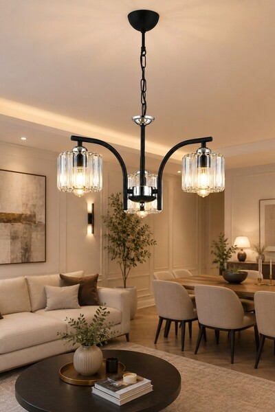 ESSLİGHT Milan 3’lü Sarkıt Kristal Taşlı Salon Mutfak Yatak Odası Avizesi