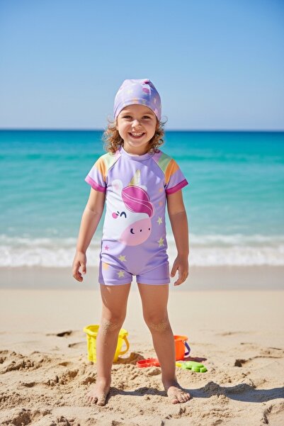 mirkidsclub Kız Çocuk Unicorn Desenli UV Korumalı Deniz Mayo Tulum + Bone Set...