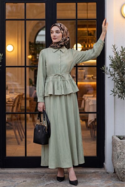 Modamorfo Ruffled Skirt, Buttoned Waist, Lace-Up Skirt Set - Olive