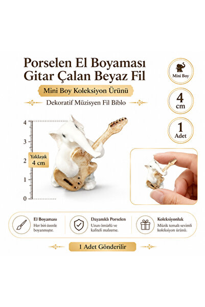 esdekor Porselen Beyaz Fil Biblo İtalyan Tasarım 3 cm El Boyama Gitar Çalan M...