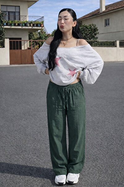 DAMGA JEANS بنطلون نسائي من الكتان بلون كاكي فضفاض مع خصر مطاطي