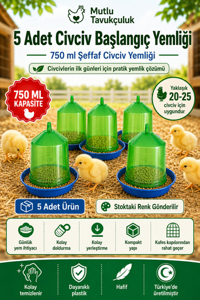 MUTLU TAVUKÇULUK 5 Adet Civciv Başlangıç Yemliği Askılı Yemlik 0.75 Kg Güverc...
