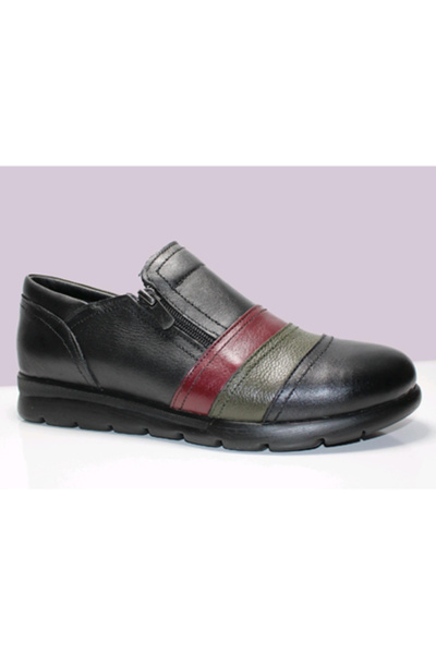 Scavia 230 Orthopedic Genuine Leather Women's Shoes Black Khaki