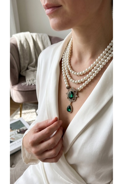 FAYRA ACCESSORIES Kristal Taşlı 3 Sıra İnci Kolye