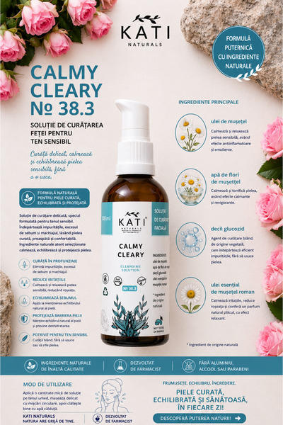 KATI Gel de Curatare Fata Calmy Cleary Nr. 38.3 - pentru Ten Sensibil, Fara SLS si Fara Parfum Sintetic, 100% BIO, Curatare Delicata si Calmare, 100 ml