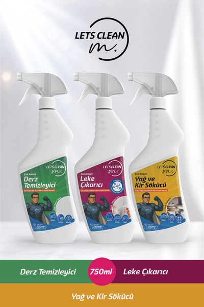 letsClean Mega Profesyonel Temizlik Seti Derz, Leke ve Yağ Çözücü 3x750 ml