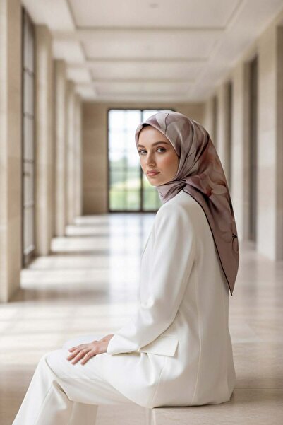 Vissona %100 Twill İpek Büyük Çiçek Desenli Pudra - Gül Kurusu Renkli 90x90 E...