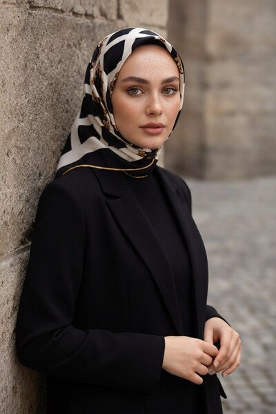 Vissona %100 Twill İpek Nostalji Desen SİYAH / KREM Renkli 90x90 Eşarp Dikim ...