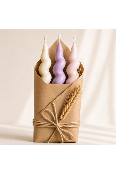 Homera Design 3'lü Spiral Burgu Şamdan Candy Mum Seti 15 CM - Dekoratif Estet...