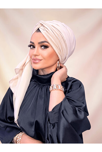 Moda Nurhan Krem ipek saten dolgulu düğüm şallı bone