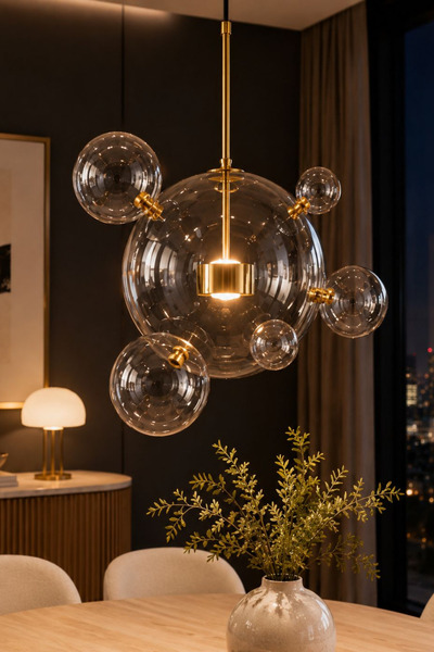 MARS CONCEPT Modern Bubble LED Sarkıt Avize │ Altın Detaylı Şeffaf Cam Küre B...
