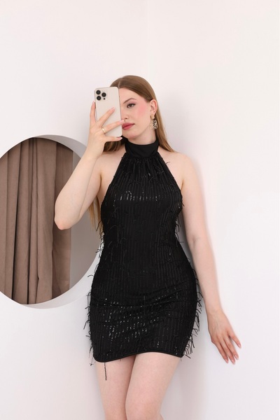 S&A Collectionn Rochie mini cu paiete, fără spate, cu franjuri