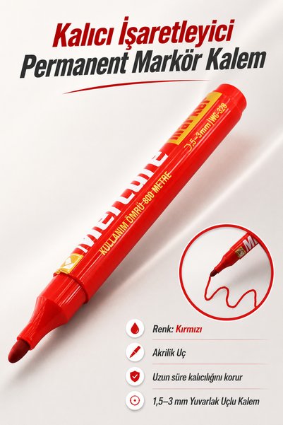 NZB Kalıcı İşaretleyici Kırmızı Marker Kalem Metal Plastik Cam Ahşap Yüzey Su...