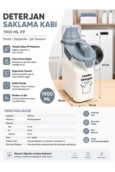 PraticBox 1900 ml Scaled Powder Detergent Storage Container with Gray Lid, Airtight, Double Sealed, Large Chamber