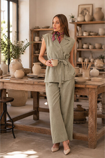 ŞİMAL Jachetă de damă cu guler set cu vestă și pantaloni din in, set 260014