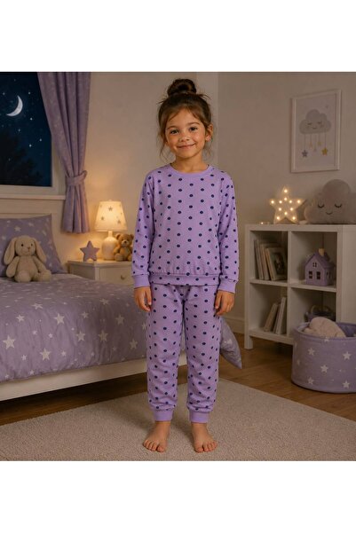 Genel Markalar Kız Çocuk Lila Puantiyeli Pamuklu Uzun Kollu Pijama Takımı