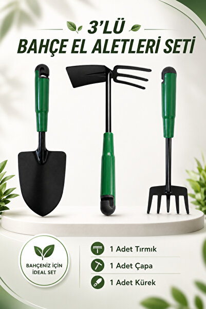 NZB Metal Hobi Çapa Tırmık 3'lü Set Bahçe Tarla Çim Peyzaj Bitki Çiçek Ekme T...