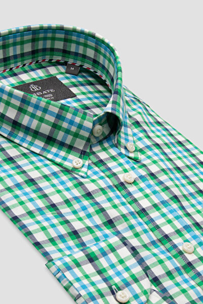 Abbate Luca Twill Pamuklu Comfort Fit Yeşil Düğmeli Yaka Erkek Ekoseli Gömlek