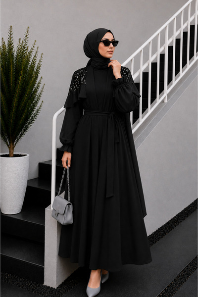 bellura Omuzları Pul Payet Kolu Tül Abaya