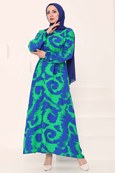 TOFİSA Desenli Kuşaklı Elbise Yesil - 27039