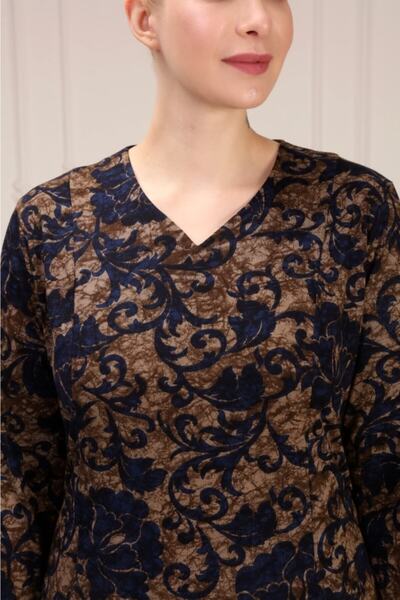 LİKAPA Cup Patterned Comfortable Stylish Hijab Plus Size Mother Dress - Navy Blue