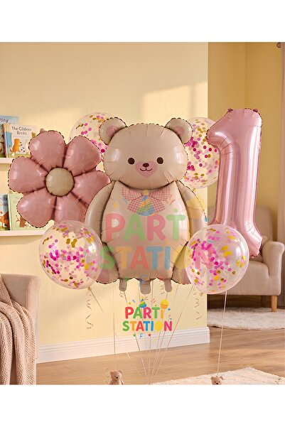 Parti Station Sevimli Ayıcık 1 Yaş Balon Set Retro Pembe Ayıcık Konsept Doğum...