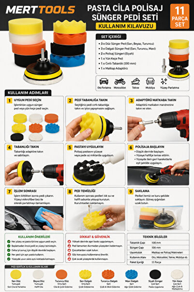 MertTools Pasta Cila Polisaj Sünger Pedi Seti 100mm Oto Parlatma 11 Parça