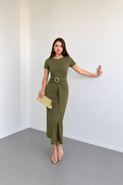 Nika Fashion Meloni Kısa Kollu Aksesuarlı Sandy Elbise