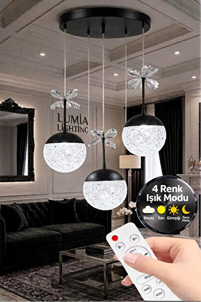 Lumia Lighting Küre Model 3"lü Siyah Kumandalı 3 Renk Modu Ledli Kristal Taşl...