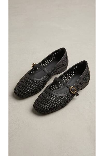 Beyond Women's Black Knitted Patterned Strappy Buckle Ballerinas 1cm Byndrsl2611