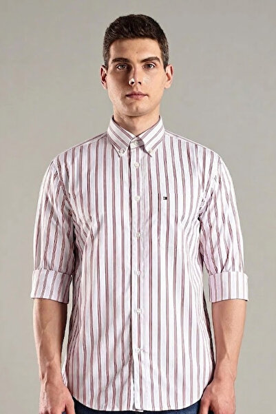 Tommy Hilfiger Mens Dark Red Striped Regular Fit Cotton Shirt