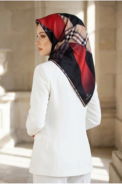 Vissona وشاح حريري منقوش باللون الأحمر والأسود - 90x90، شكل مخيط يدويًا