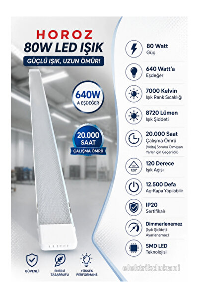 Horoz Gama-80 BEYAZ 120cm 80W Prizma Led Bant Armatür 7000K Beyaz Işık IP20
