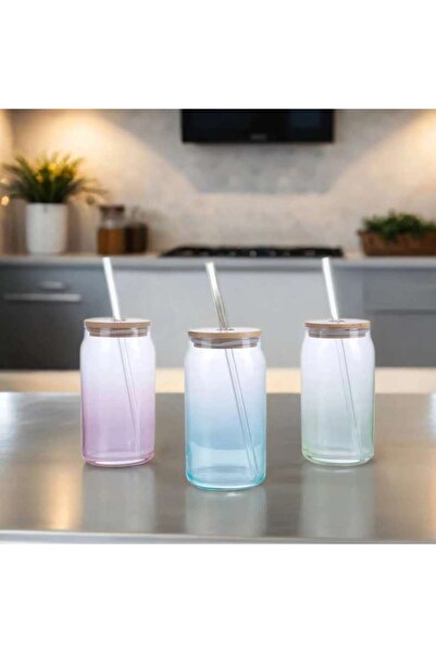 PAN HOME Govan 3-piece Mason Jar With Bamboo Lid Glass Straw 450ml - Assorted