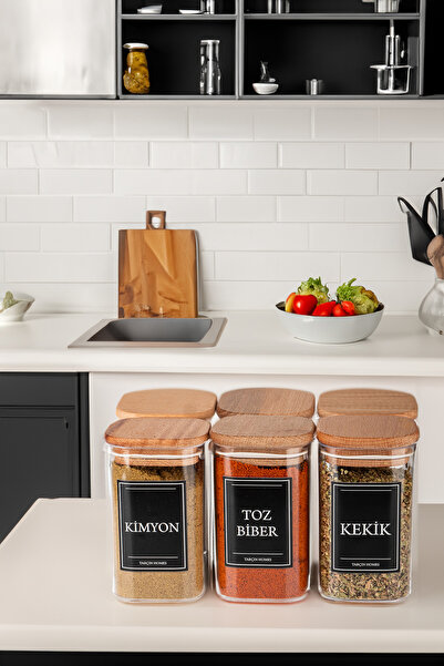 TARÇIN HOMES Set of 6 250 ml Vacuum Sealed Wooden Lid Labelled Acrylic Spice ...