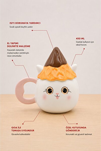 Rosie Şapkalı Kedi Figürlü Dolomite Kupa, El Yapımı 450 ML Kapaklı Mug