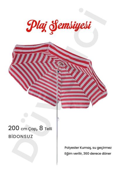 Düvenci Plaj Şemsiyesi 8 Telli Kırmızı Beyaz Renkli 200 CM Çap Eğim Verilebilir