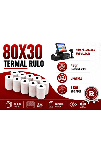 80x30 Termal Rulo Yazar Kasa Pos Adisyon Bilgi Fişi Yazıcı Rulosu 10 Adet