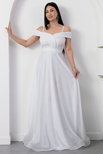 PULLIMM Rochie de seară lungă din tul cu sclipici cu bretele 13278